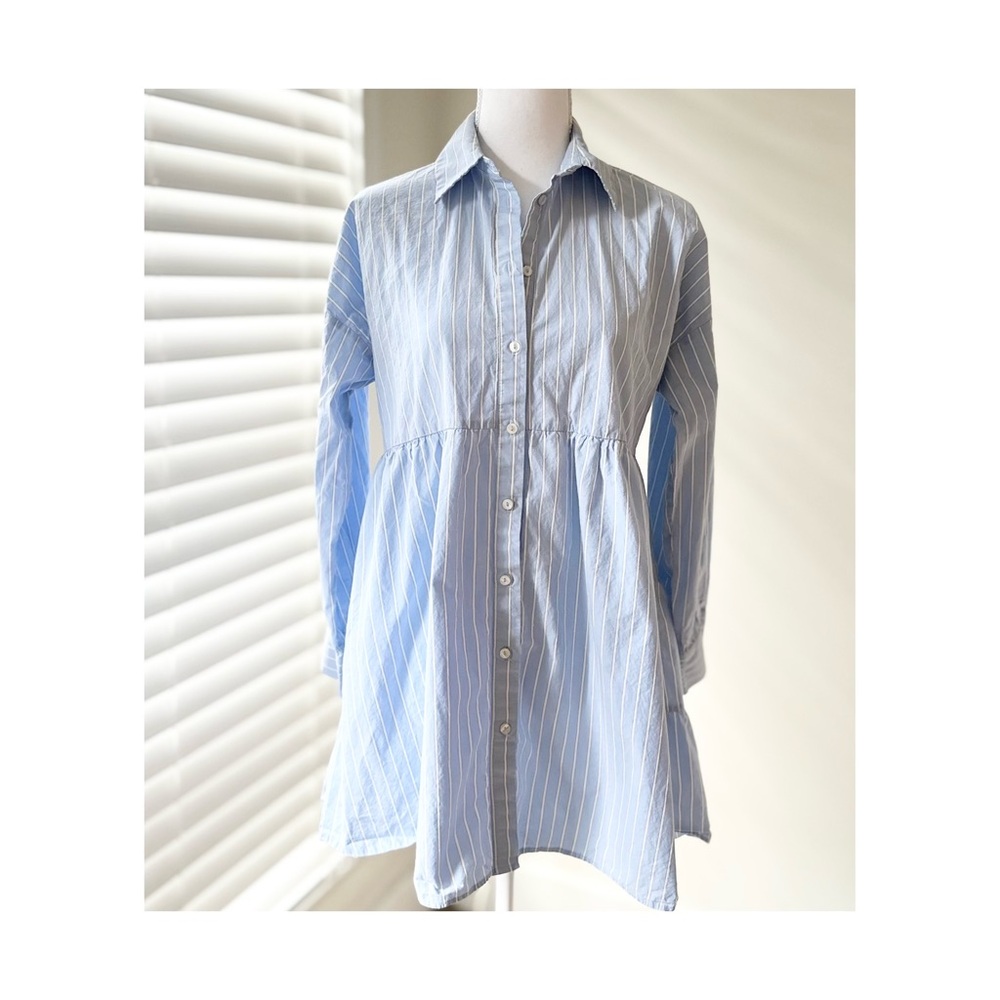 Zara Light Blue & White Striped Button-Down Tunic Dress